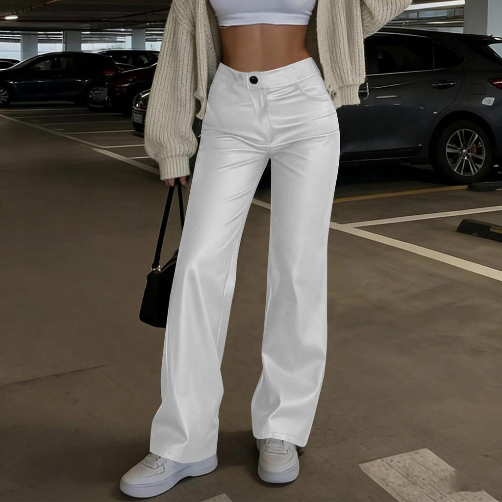 Women's Leather Pants High Waist Straight Leather Pants Pocket Elastic Pu Frosted Casual Pants