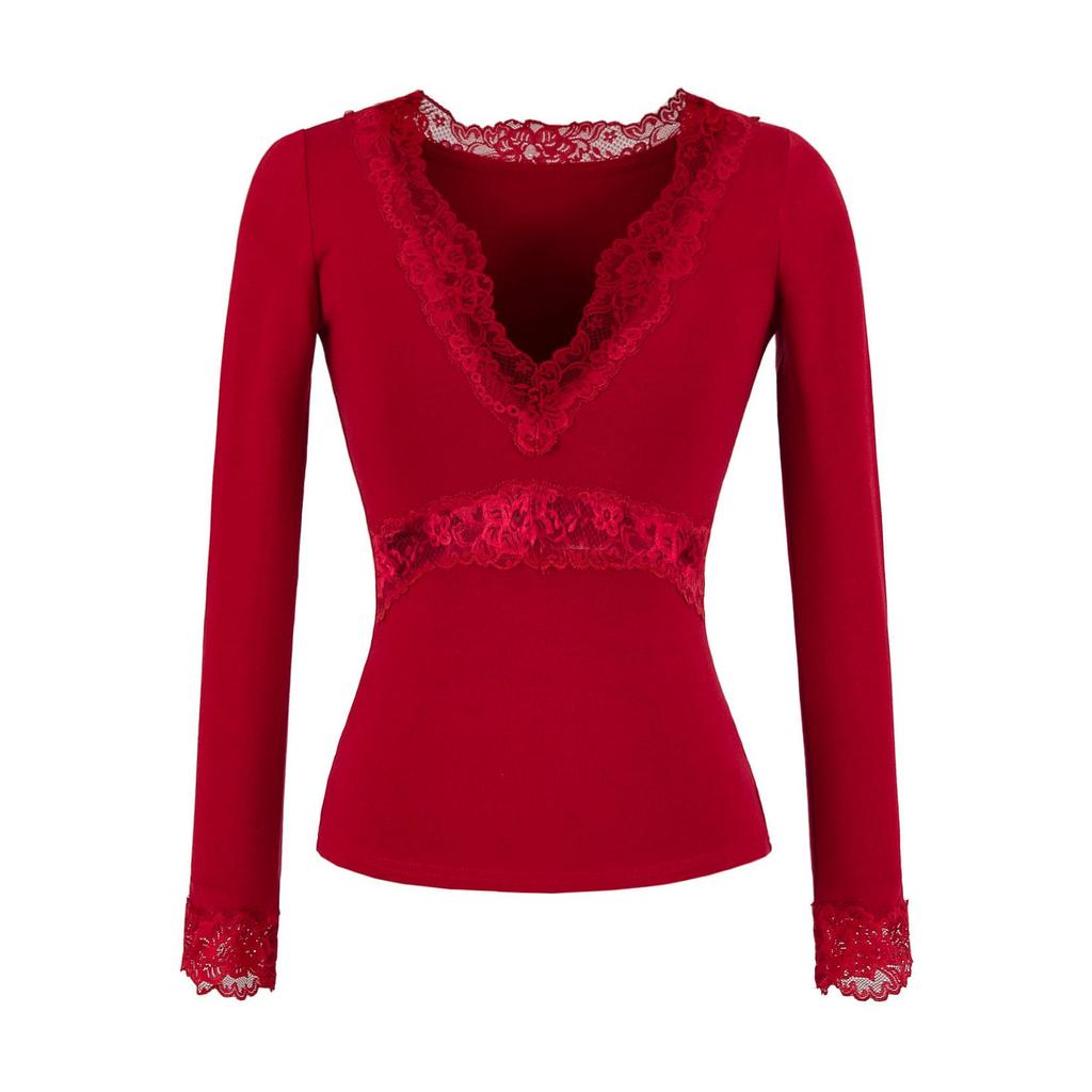 Elegant Deep V-Neck Long-Sleeve Slim-Fit Lace Patchwork Top - Spring/Summer 2026