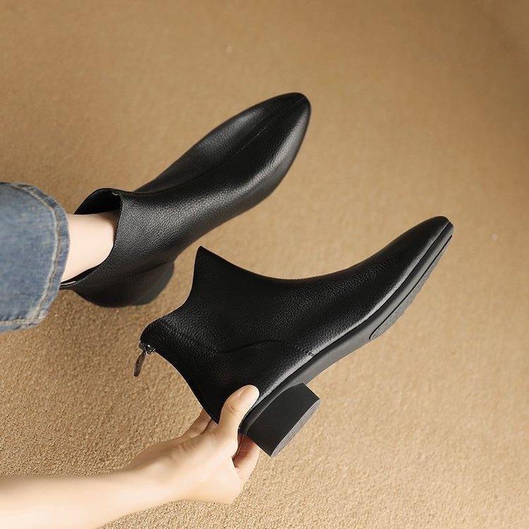 

New Women S Ankle Boots - Pointed Toe Low Block Heel Soft Leather Ankle Boots French Retro Back Zip Casual Booties 37