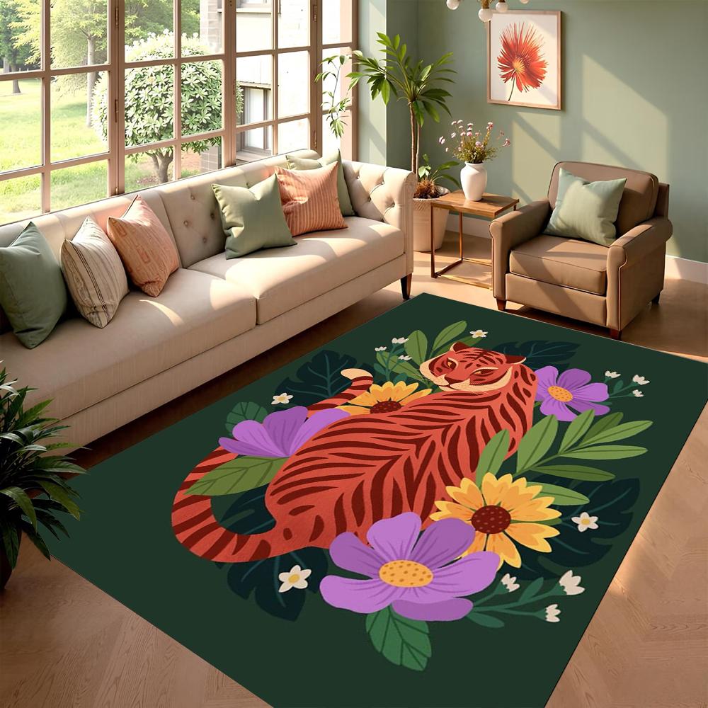 Wohnzimmerteppich Tiger mit Blumen Luxuriöser Kunststil Teppich Rutschfest Leicht zu Reinigen Glücksbringende Künstlerische Heimdeko Matte
