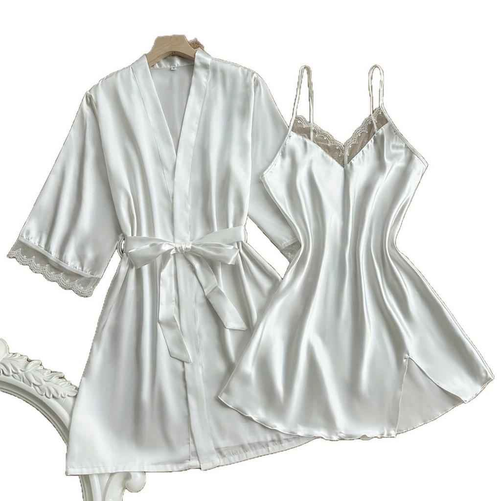 European & American Summer Silk-Feel Sexy Pajamas: Long Sleeve Nightgown Robe Two-Piece Set – Comfortable Tie-Up Women's Homewear.