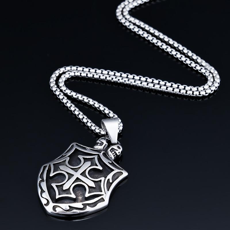 Stainless Steel Men's Cross Shield Retro Totem Gothic Punk Necklace