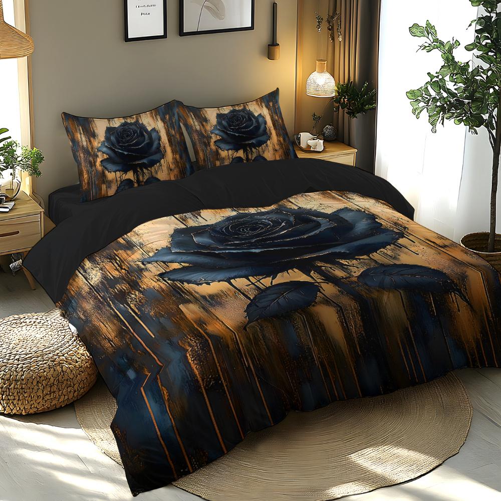 Black All-Polyester Printed Duvet Cover Bedding Set with Retro Luxury Rose Floral Design Theme 1*Duvet Cover + 1/2 Pillowcases