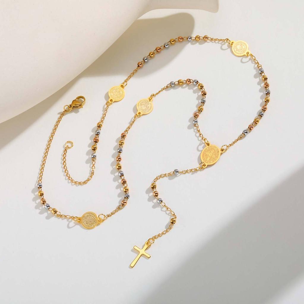 Vnox Stainless Steel Three Colors Beads Necklace Religion Saint Benedict Virgin Mary Necklaces Long Chain Collier Jewelry