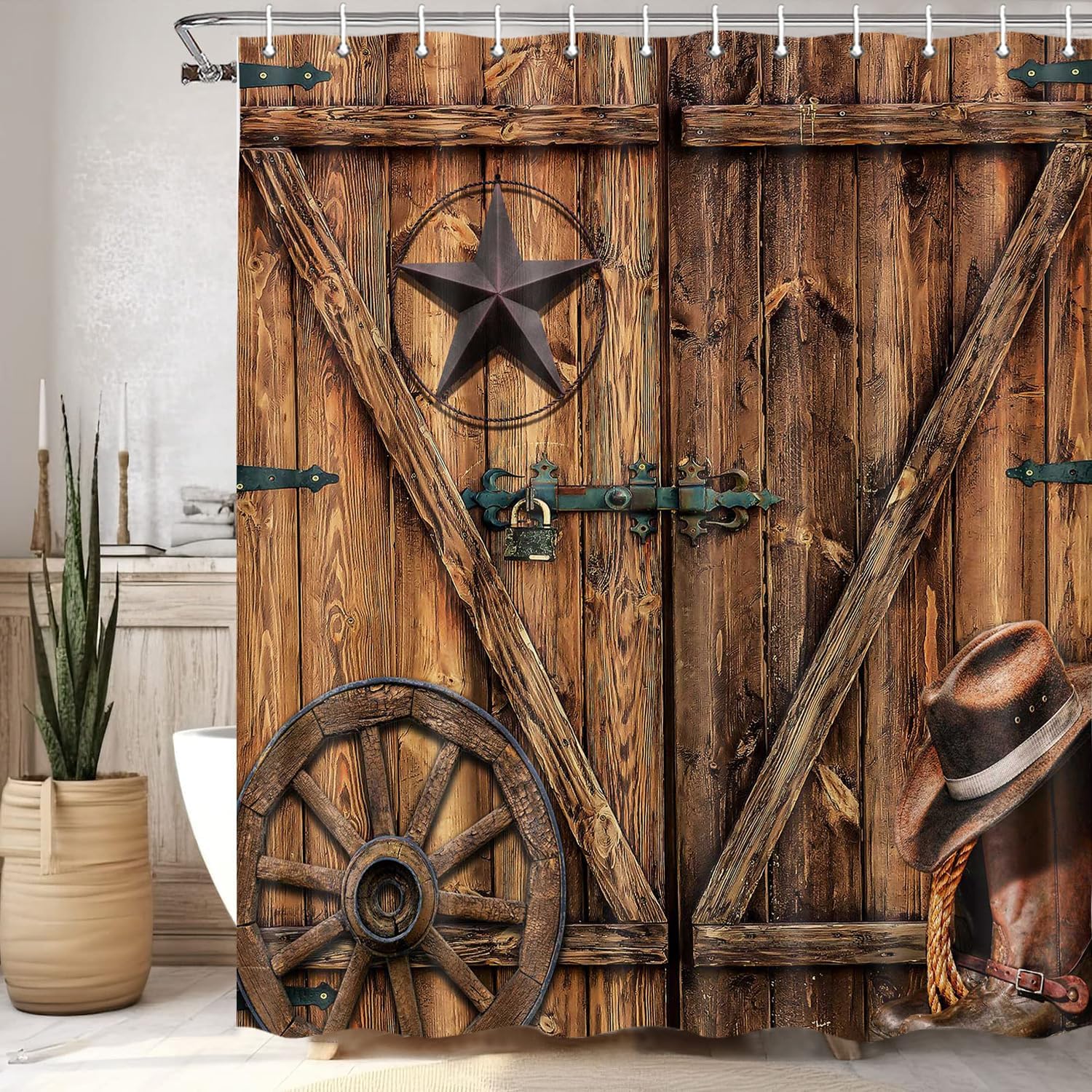 

Texas Star Western Barn Door Shower Curtain Sets For Bathroom,Cowboy Hat Boots Wheel Decor Curtain, Vintage Rustic Wooden Board W60H190(CM)-1 Pcs