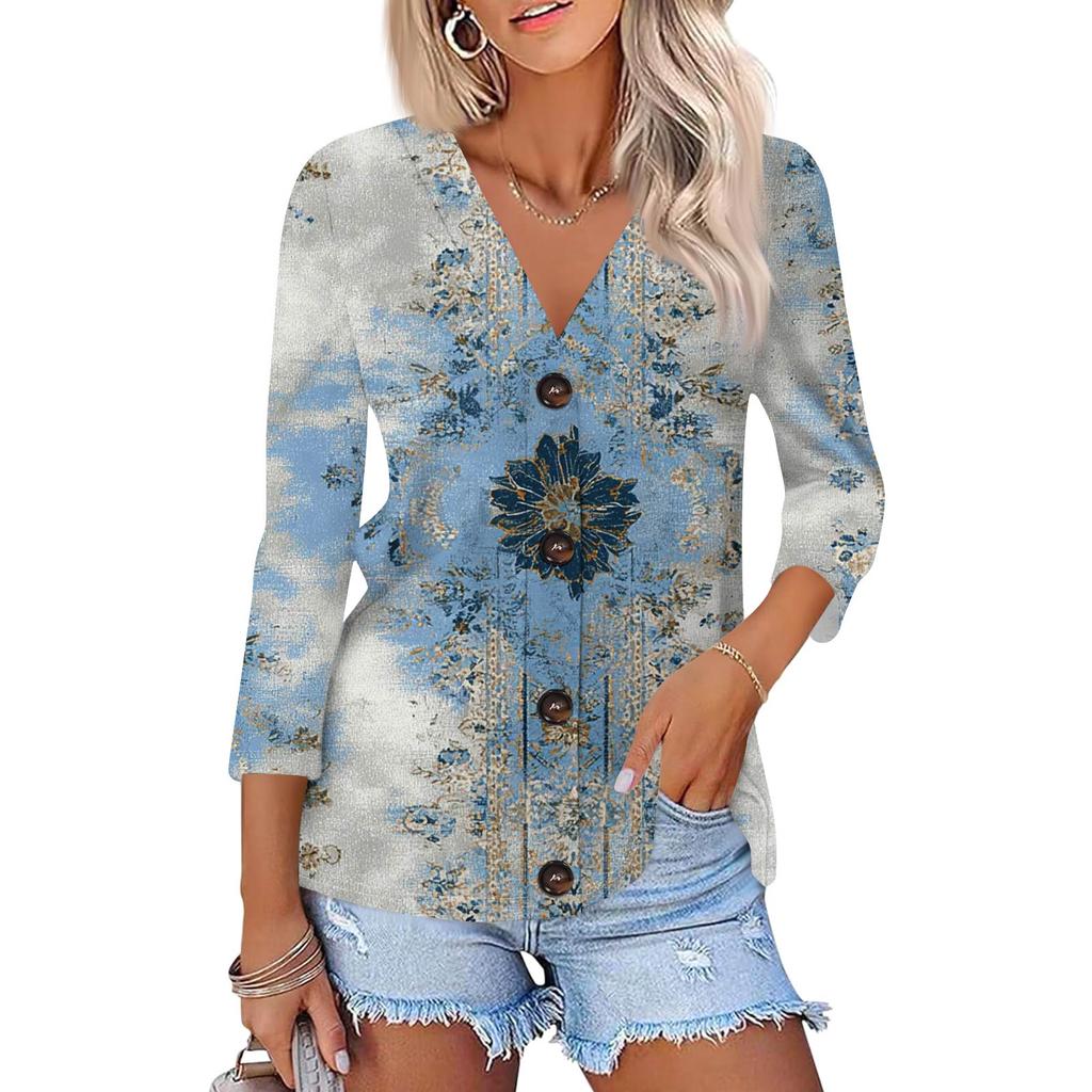 Women's Fashion Casual Print Button-down Shirt 3/4 Long Sleeve Tops