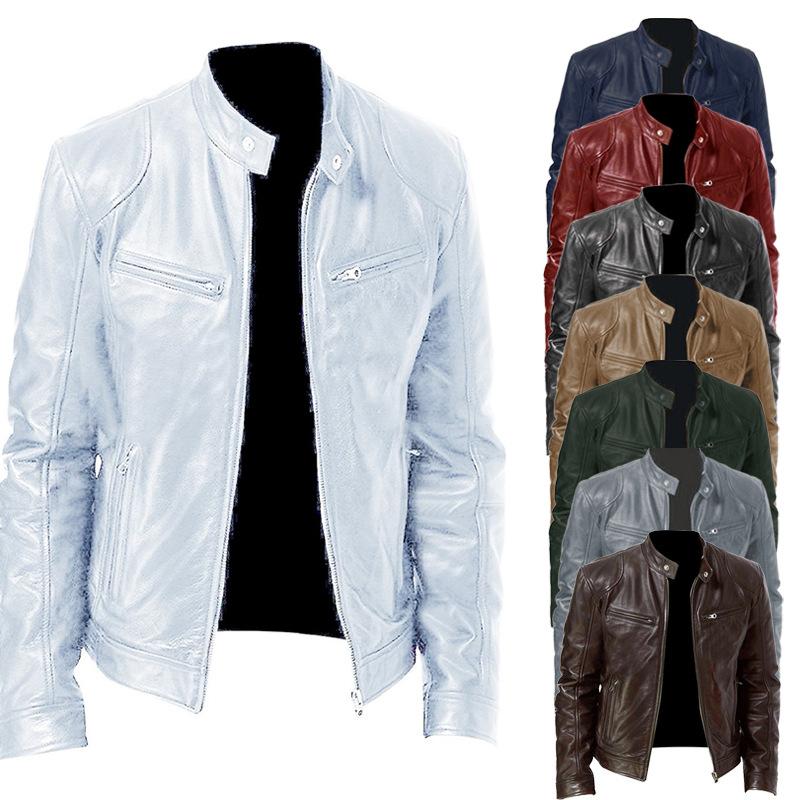 Winter Business Gentleman Warm Zip Cardigan Pocket Decorative PU Leather Jacket Stand Neck Slim Zip Leather Jacket