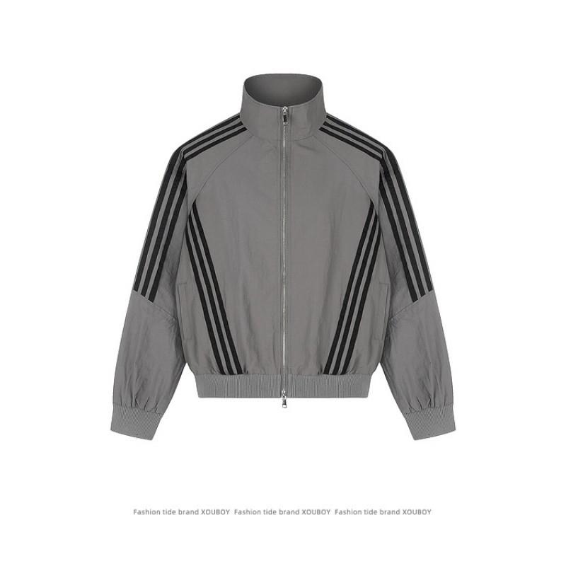 Unisex Retro Sporty Zip-Up Jacket With Stand Collar Triple Stripe Detail Loose Fit Nylon Outerwear