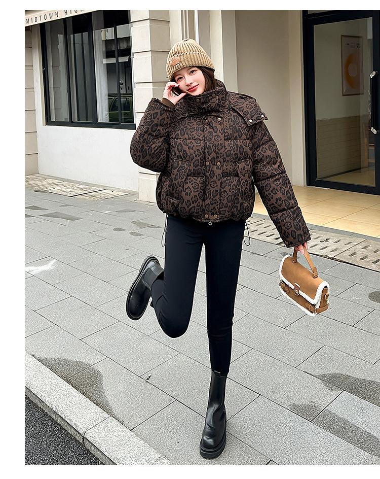 Women's Short Leopard Print Hooded Winter Jacket