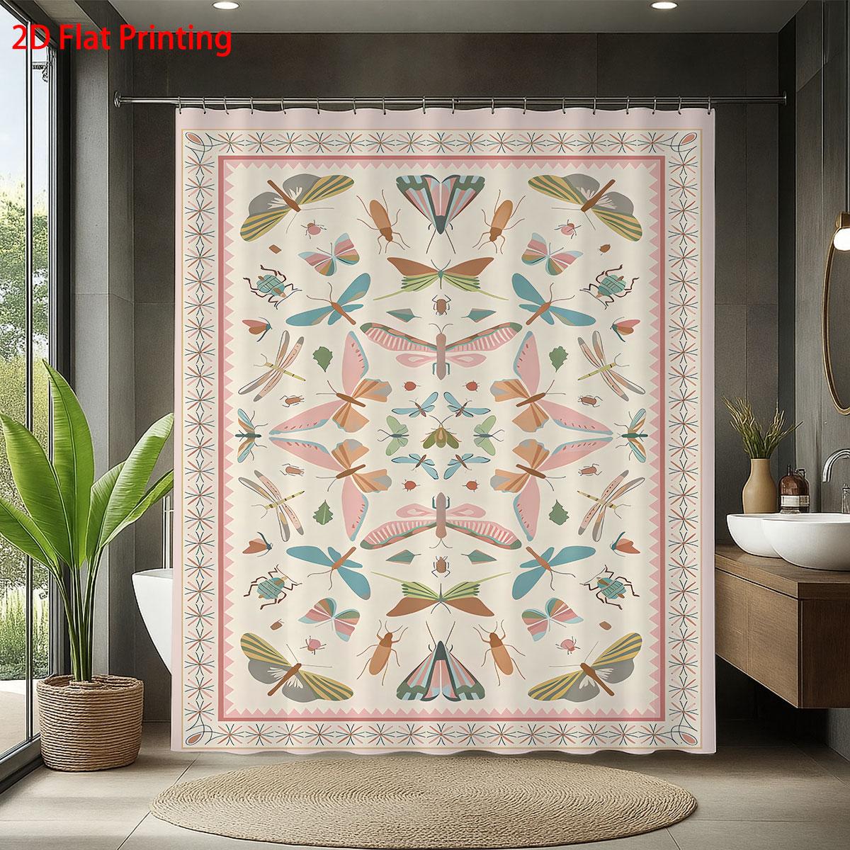 

1Pc Colorful Insect Printed Waterproof Shower Curtain Partition Privacy Hanging Curtain, With 12 Hooks, Easy To Install 90x180cm