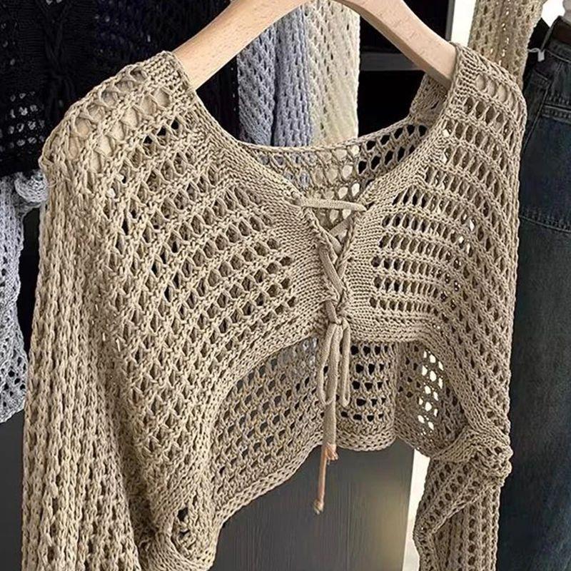 

Hollow Lace up Slim Knit Sweater Sexy Hollow out Tied Slim Fit Pullover Knitwear COFFEE One size