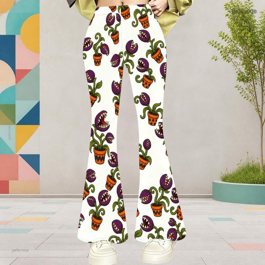 Girls Cartoon Potted Carnivorous Plant Print White High Waist Flare Pants