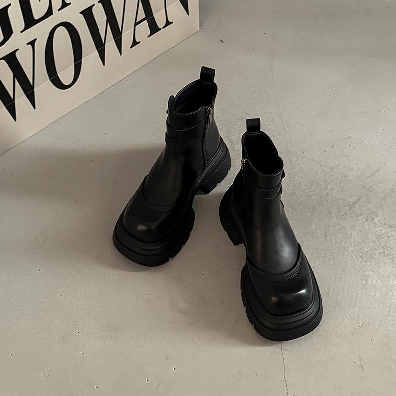Thick-soled buckle thick heel heightened trouser tube boots trendy versatile leather boots simple knight boots 35 6898₽