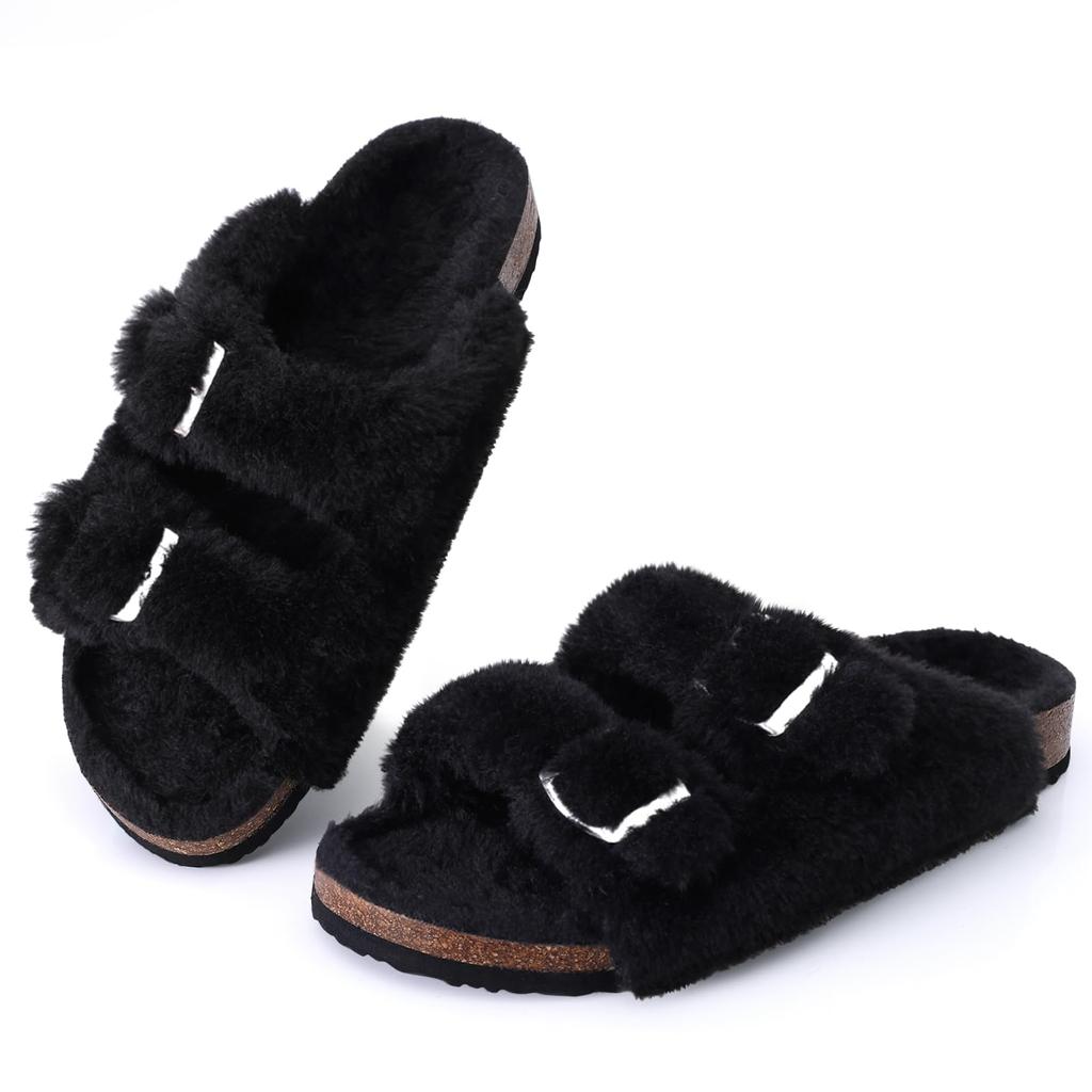 Fashion Shevalues New Fur Fluffy Slippers Women Winter Home Fuzzy Slippers Open Toe Cork Slides Female Indoor Double buckle Flat Sandals