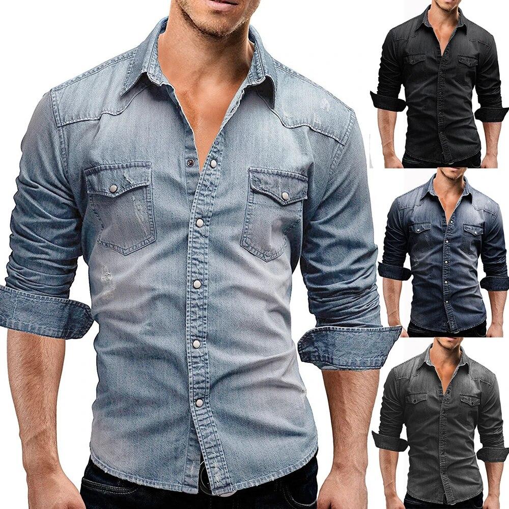 Frühling und Herbst Casual Solid Color Herren Denim Langarmhemd Casual Plus Size