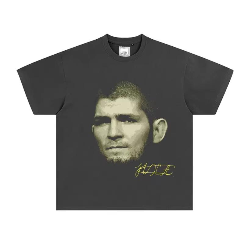 Khabib Nurmagomedov Iconic Portrait Signature T-Shirt Crew Neck Quick Dry Street Style Fight Training Street Hip Hop Top
