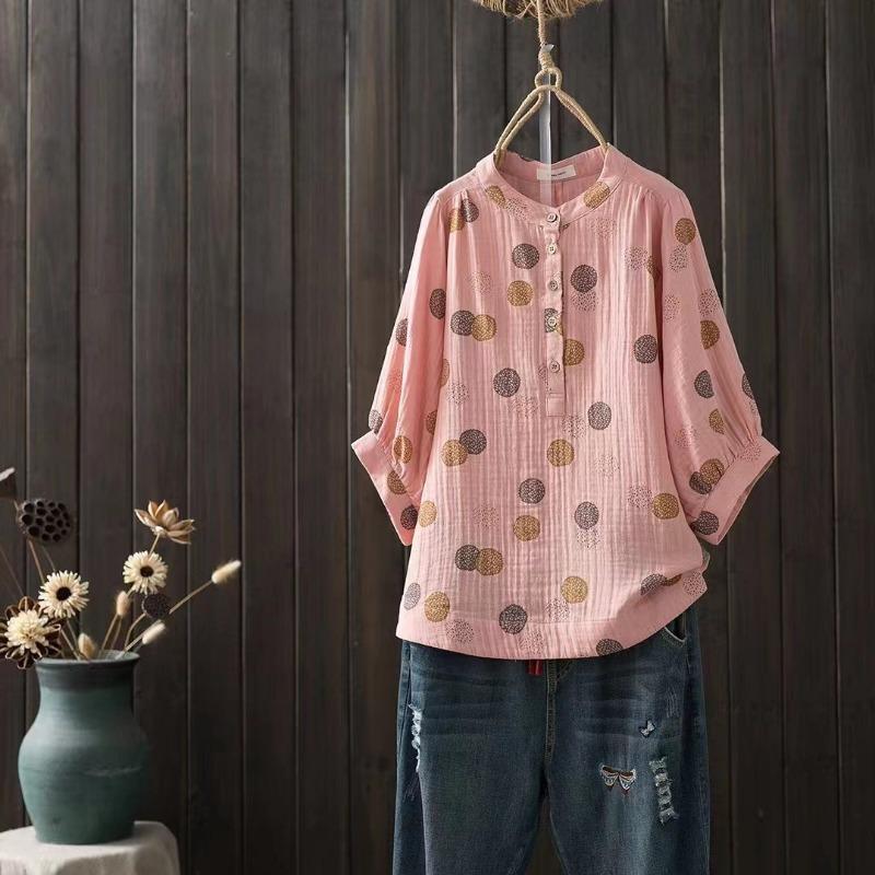 Autumn Double-layer Cotton Yarn Blouses & Shirts Printed Plus Size Shirt Loose Five Quarter Sleeve Stand Up Collar Top Cotton Yarn Shirt