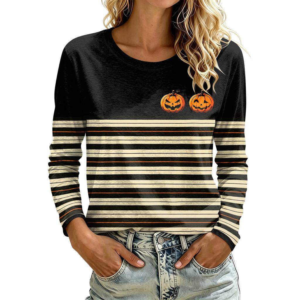 Women's Casual Long Sleeve Halloween Print Neck T-Shirt