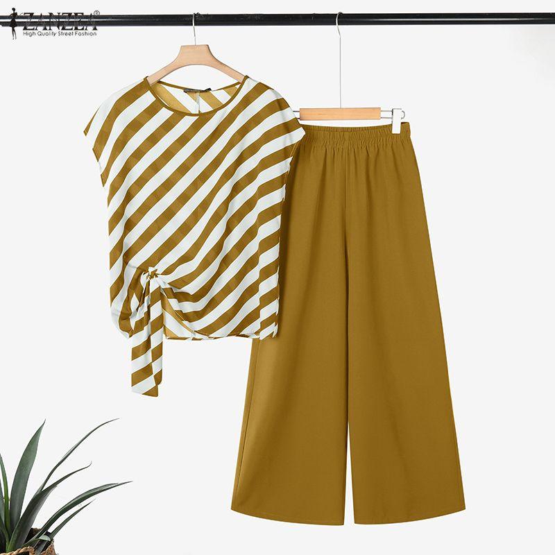 ZANZEA Women Short Sleeve Stripe Blouse and Pants Casual Two Piece Sets