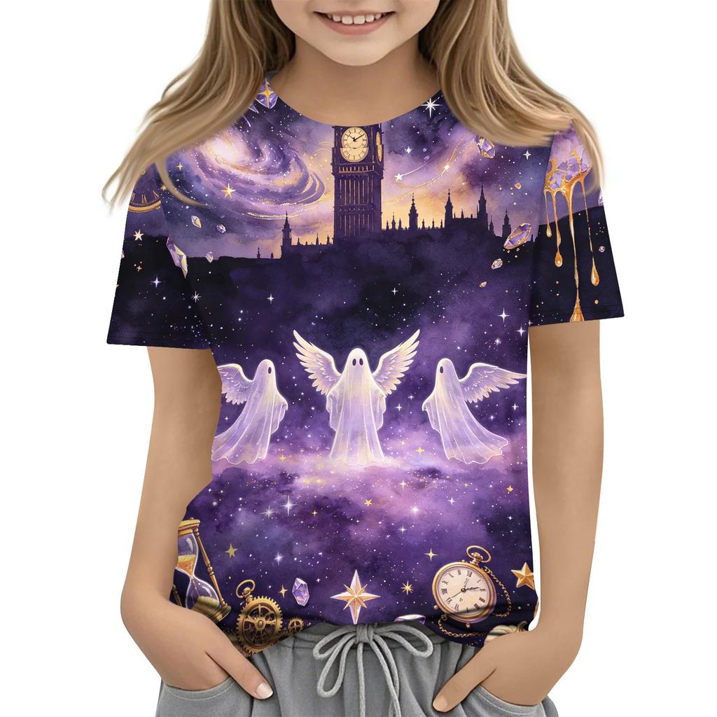 Kids Halloween Print Short Sleeve T Shirt Casual Crew Neck Top Boys Girls Comfortable Fit Soft Fabric Suitable for Everyday Wear