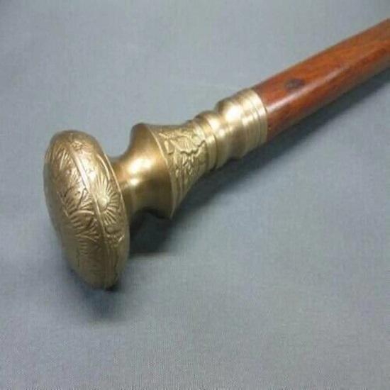 Walking Cane Wooden Walking Stick Brass Handle Knob Gift.