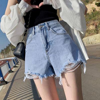 Damen High-Waist Denim Shorts - Figurschmeichelnd, Vielseitig, Koreanischer Stil, Zerrissen, Locker, Weitbein, A-Linie Hotpants