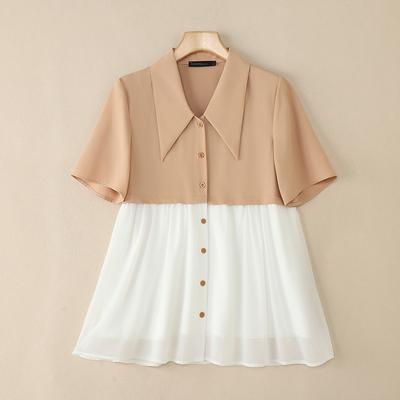 Blusa Casual Holgada de Retazos con Cuello Solapa y Manga Corta para Mujer