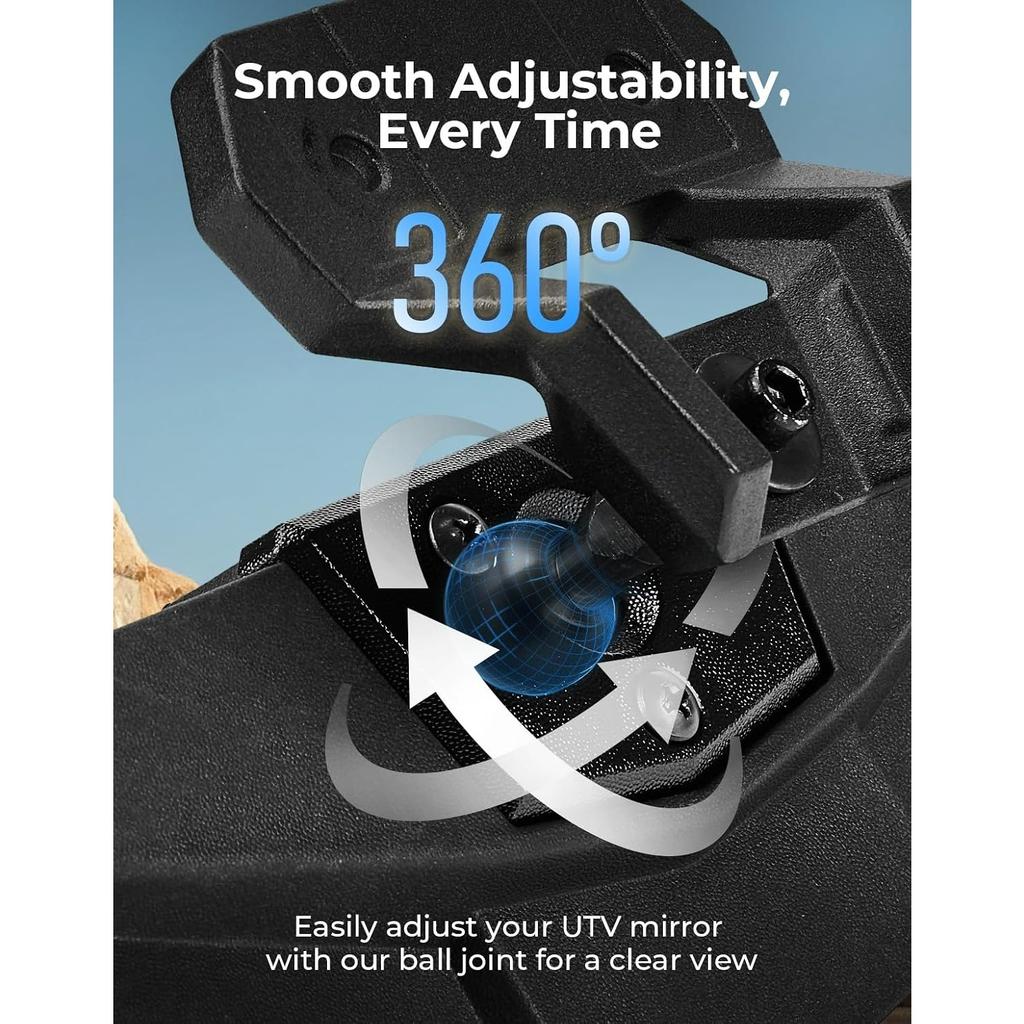 Rear View Mirror, SXS UTV Mirror Clear View with 1.5-2 inch 360° Adjustable Low Profile Aluminum Clamp Compatible with Polaris RZR 1000 Pioneer Talon