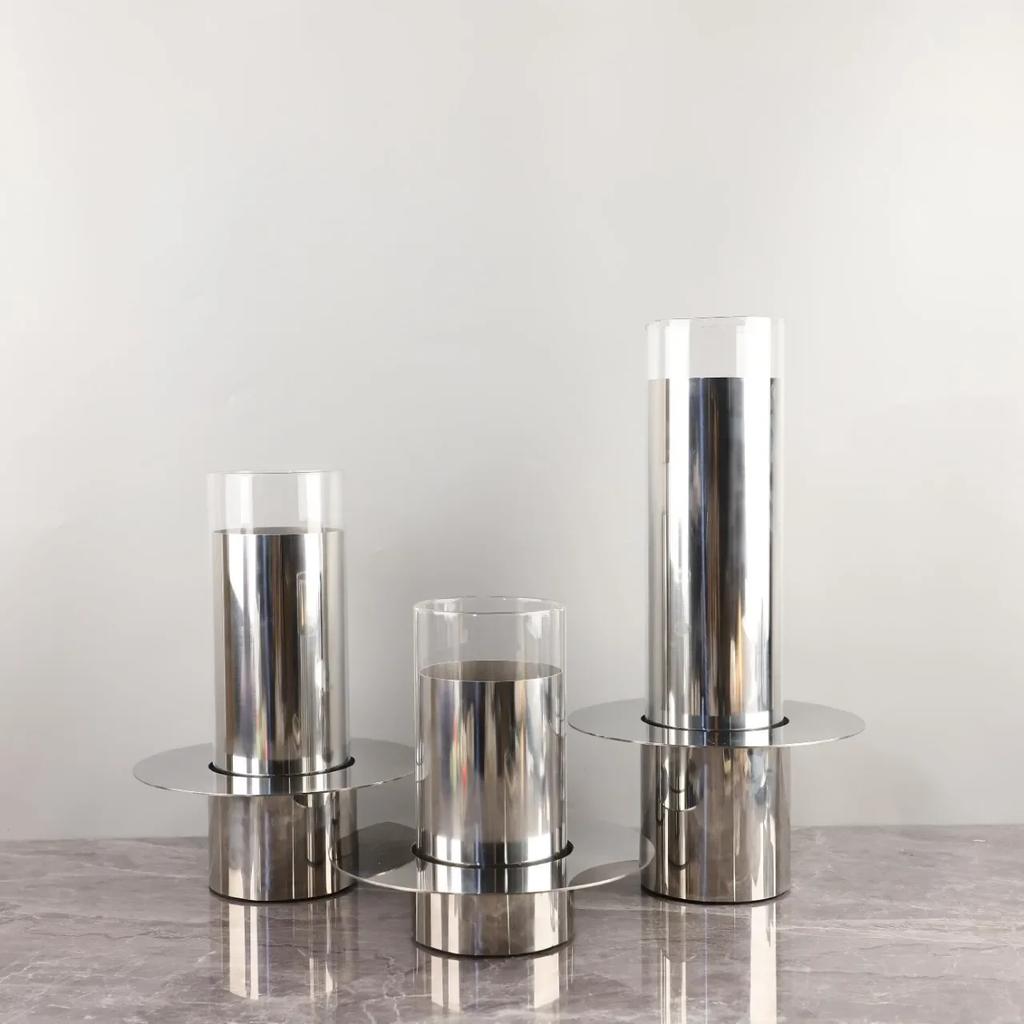 Metal Handicraft Flower Vase Geometry Stainless Steel Glass Laminated Saucer Shape Artistic Floral Arrangement Home Decoration
