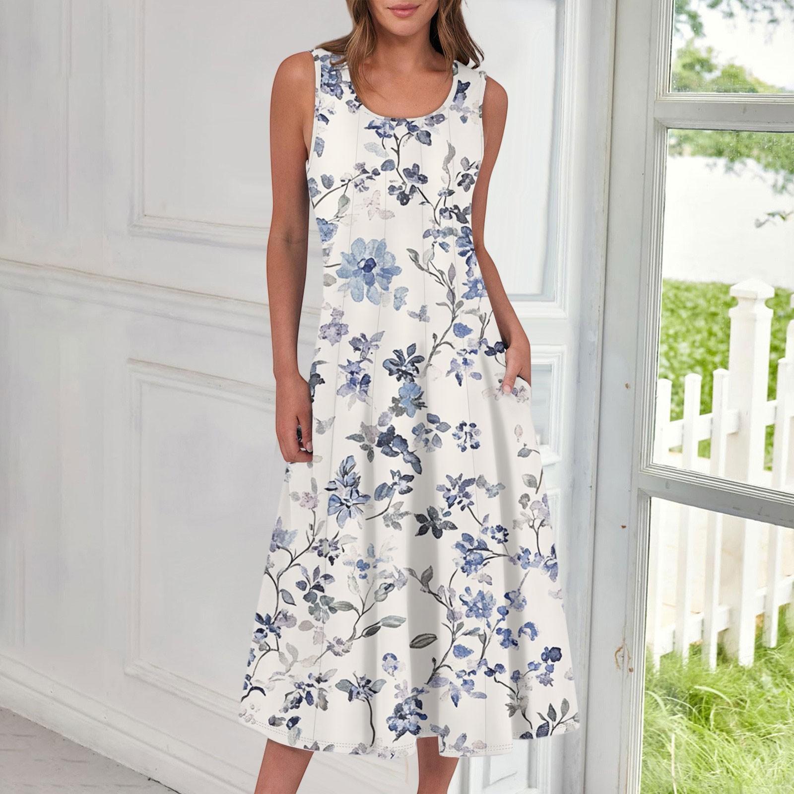 

Женское повседневное модное платье миди с цветочным принтом и круглым вырезом без рукавов L фиолетовый