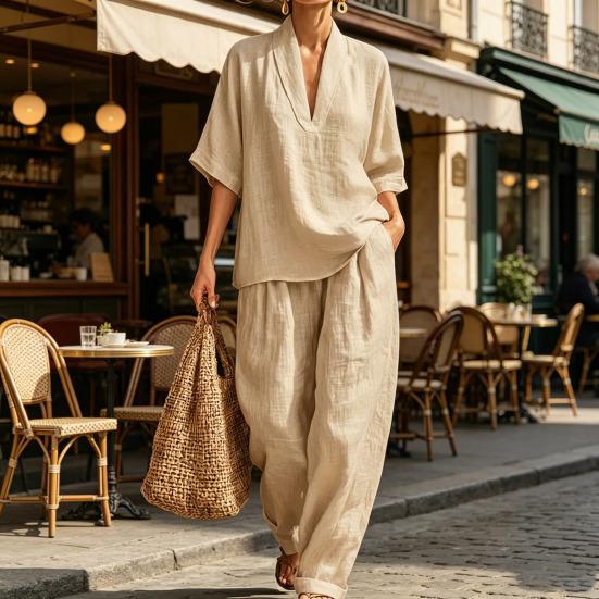 Completi Estivi da Relax a 2 Pezzi per Donna con Scollo a V, Manica Corta e Pantaloni a Gamba Larga, Set Casual per Viaggi e Vacanze