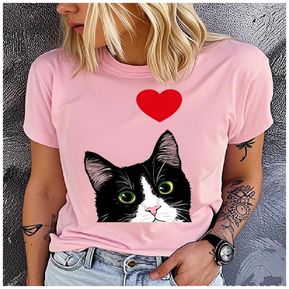 Unisex 100% Polyester Cute Black White Heart Cat Print Loose round Neck Casual Short Sleeve T-Shirt Fashion Summer Top