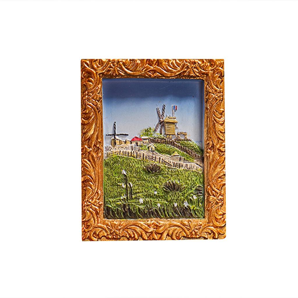 3D Oil Painting Fridge Magnets Set Of 6, Miniature /Flower/Seascape Sculptures With Gold Frames, Decorative Refrigerator Magnets For Kitch