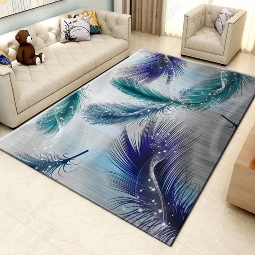 1pc Fresh Style Carpet Blue Feather Print for Home Living Room Bedroom Decoration Non-slip Rug Floor Mat Comfortable Carpet Gift