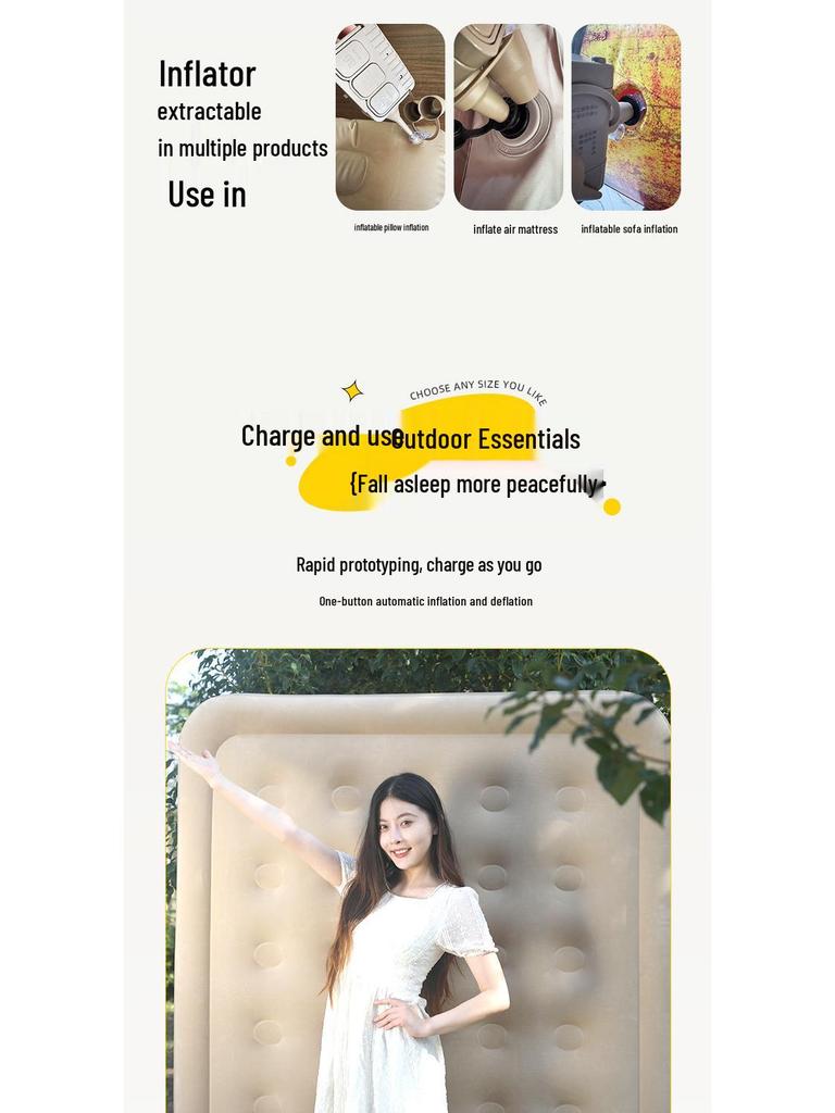 Samopompujący Beżowy Materac Powietrzny - Podwyższony, Pogrubiony, Składany na Kemping lub Przerwy na Lunch