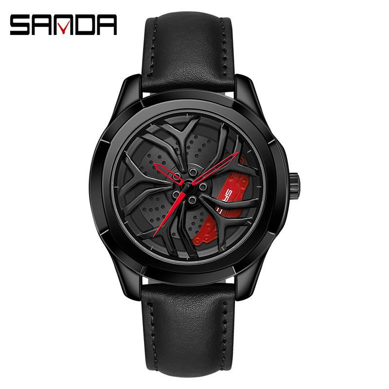 Sanda Men's 1061 Waterproof Leather Strap Watch with Trendy Hollow Dial