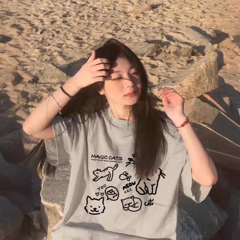 Summer Harajuku Style Lovely Printing Pullover Cotton T-shirt Ladies Short Sleeve Vintage Simple All-match Tee Top