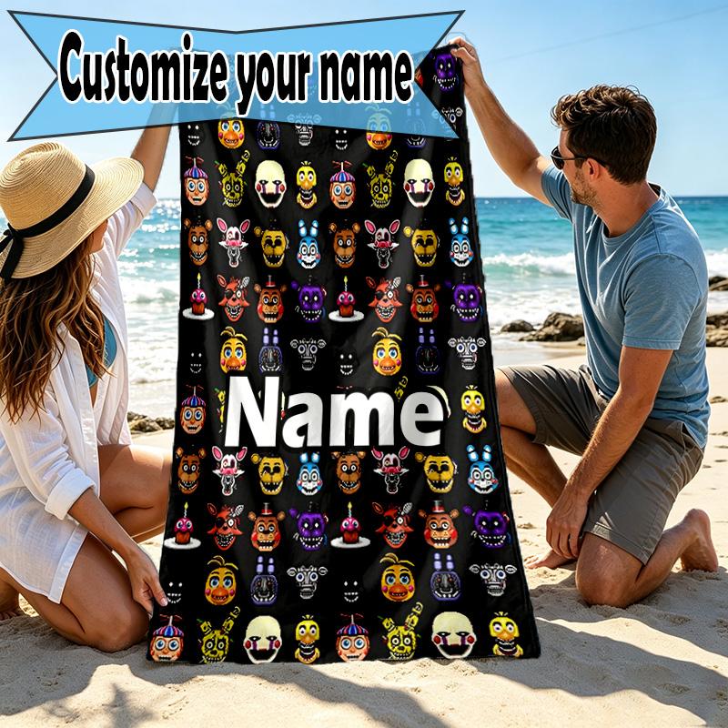 Custom Name Personalized Five Nights At Freddy's Print Beach Towel, for Trip Camping Beach Party Home Decor, Birthday Gift for Family & Friends