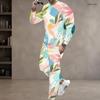 Men Plus Size Colorful Printed Two Piece Set Round Neck Long Sleeve Top Cuffed Pants