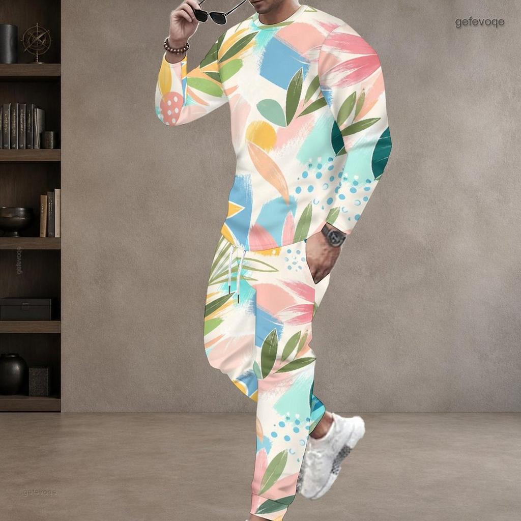 Men Plus Size Colorful Printed Two Piece Set Round Neck Long Sleeve Top Cuffed Pants