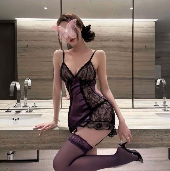 New large size purple erotic underwear lace hollow perspective nightdress free sexy hip skirt suspender