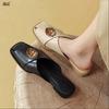 Fashion Hot Genuine Leather Square Toe Low Heel Mules Concise Style Solid Young Lady Daily Wear Casual Cozy Outside Slippers T58