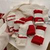 Christmas New Year's fleece socks, red striped women's mid length socks, New Year's socks with warm and fleece red socks