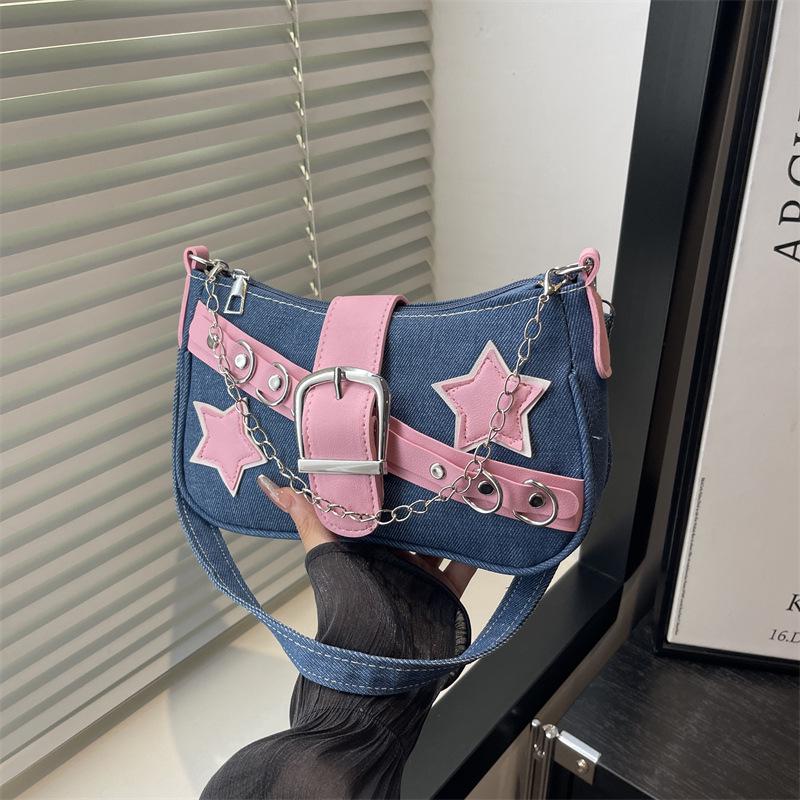 Modna jeansowa torebka na ramię z łańcuszkiem i nitami w kształcie gwiazdy dla kobiet - Jesień 2025