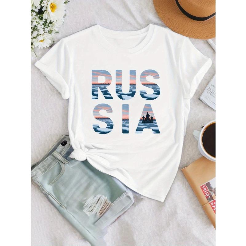 Women's Russia Landscape Cyrillic Letter Print T-Shirt Casual Crew Neck Short Sleeve Travel Top