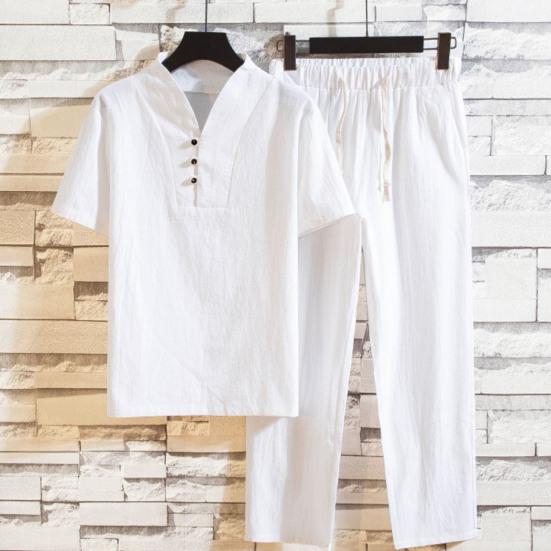 2 Stück/Set Herren Trainingsanzug Einfarbig V-Ausschnitt Chinesischer Stil Kurzarm Sommer