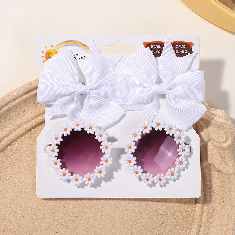 

3Pcs/set Cheer Bow Hairclips Retro Flower Sunglasses for Kids Printing Handmade Hairgripes Girls Headwear Glasses Accessories