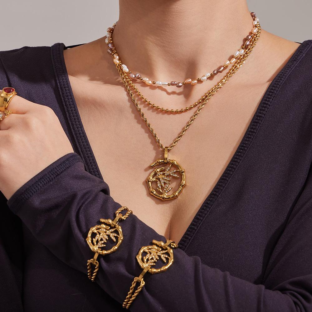 Elegant Bamboo & Diamond Pendant Necklace Bracelet with Freshwater Pearls On a Luxurious Braided Chain