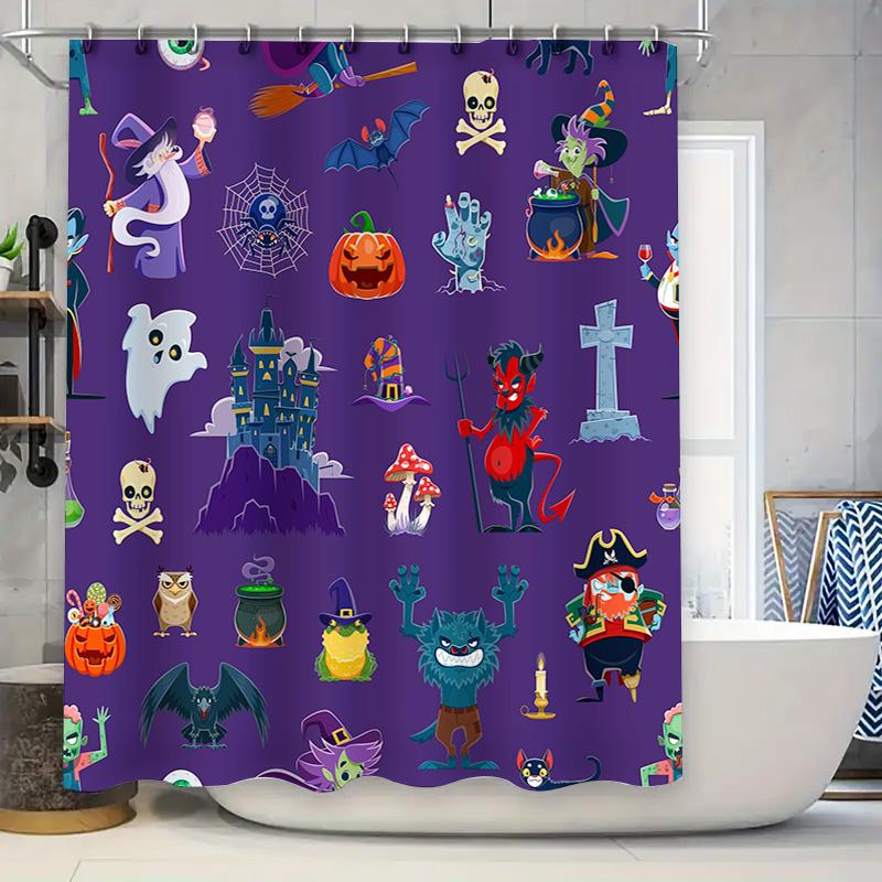 

Spooky Halloween Shower Curtain Fun Frightening Design with Skulls, Ghosts Witches for Bathroom Decor (Purple) 90x180cm