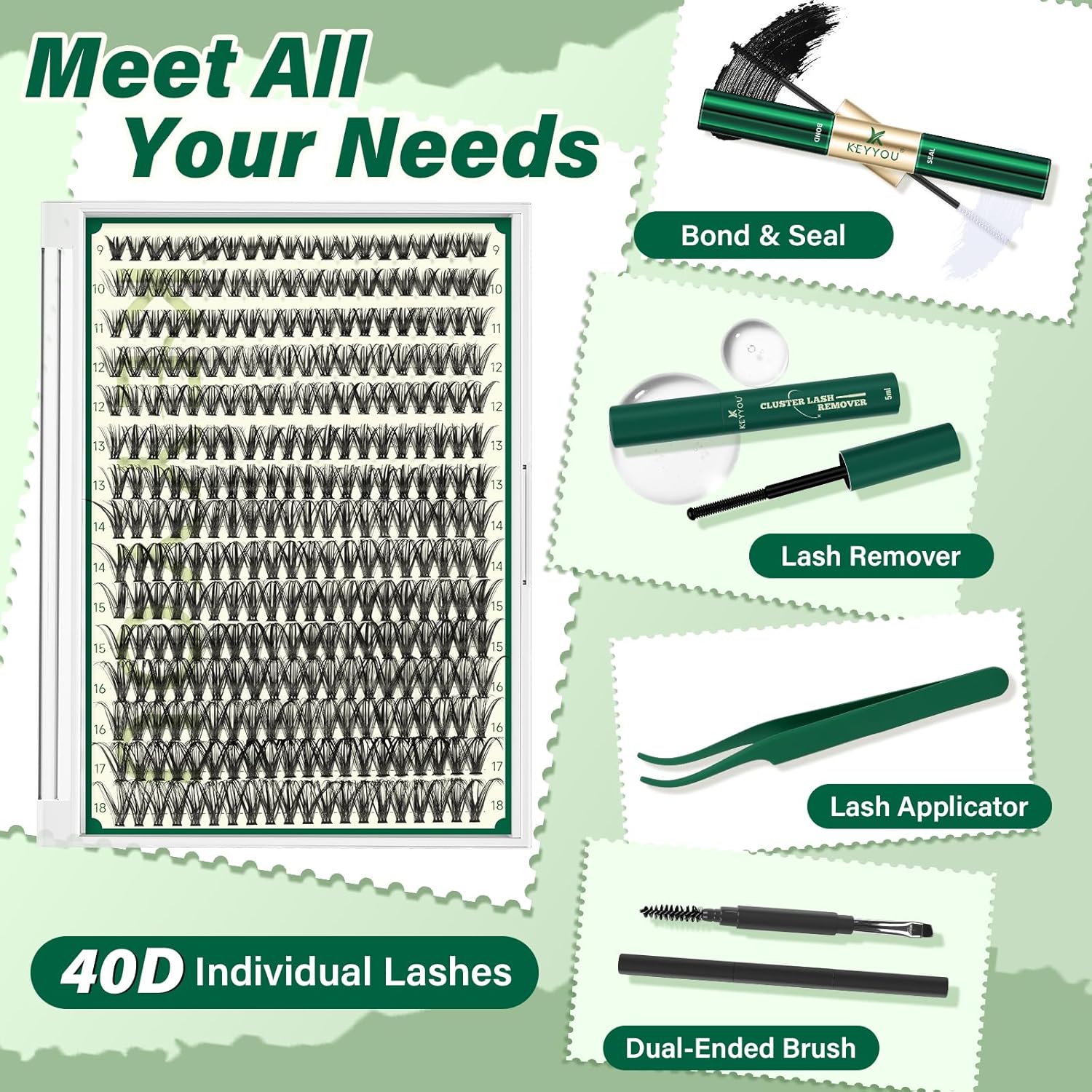 KEYYOU Lash Extension Kit DIY 300Pcs Lash Clusters Eyelash Extension Kit 40D 0.07 D Curl 9-18MIX Lash Clusters Kit with Lash Glue Remover Applicator